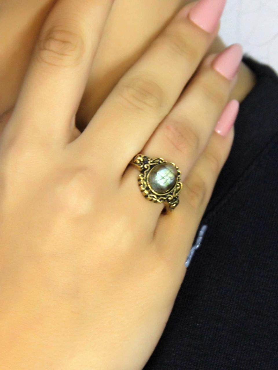 Doğal Taş Labradorit Doğal Taşlı Antik Model Kadın Ayarlanabillir Yüzük Euy80lbt Gri