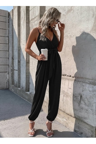Efnaz Style Kadın Ip Askılı Kruvaze Yakalı Belden Kuşaklı Uzun Sandy Tulum Siyah