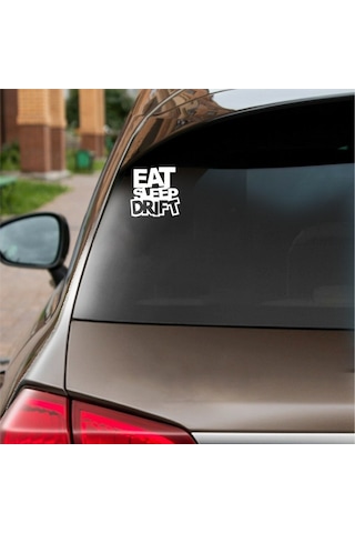 Eat Sleep Drift Araba Sticker Beyaz 16x16 Cm