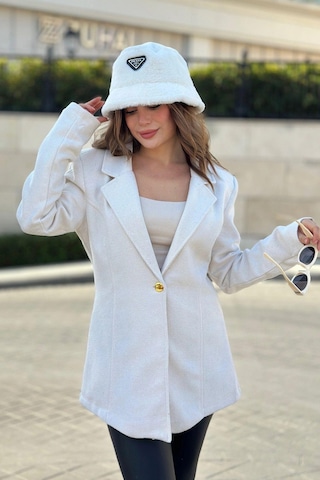 Kadın Beyaz Astarlı, Tek Düğme, Vucüda Oturan Kalıp, Fitilli Kaşe Kumaş Blazer Ceket Beyaz