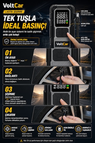 Voltcar Akü Takviye Cihazı Akıllı Araç Lastik Şişirme Kompresörü Powerbank Dijital Ekranlı Taşınabilir Hava Pompası