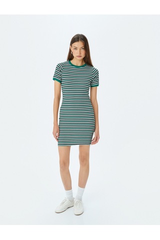 Koton Bisiklet Yaka Kısa Kollu Fitilli Mini Bodycon Elbise Yeşil Çizgili 5sal80042ık Yeşil Çizgili Yeşil