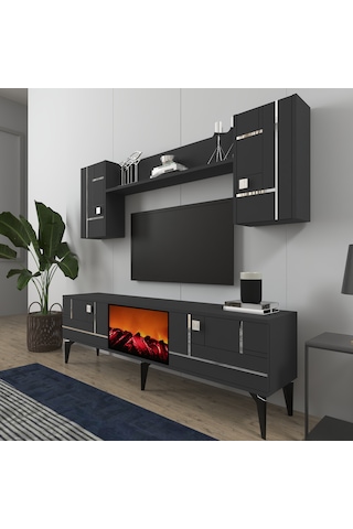 Maddera Şömineli Tv Ünitesi Takımı Antrasit-gümüş