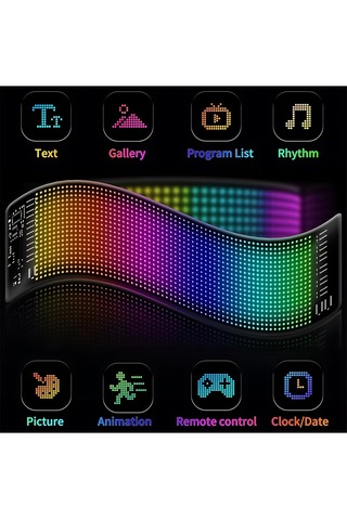 Rgb Led Matrix Panel 19x176cm Esnek Yapı Uygulama Kontrollü Kayan Yazı Ekranı Siyah