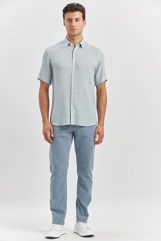 İmza Koyu Lacivert Kısa Kollu Düğmeli Yaka Biyeli Keten Casual Slim Fit Dar Kesim Gömlek 1004240242 Koyu Lacivert