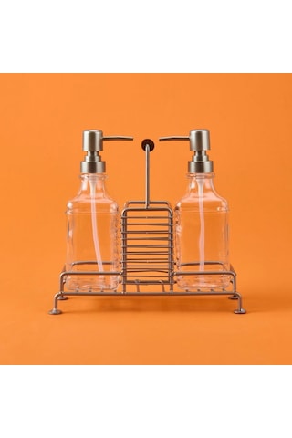 Arow Bland 2'li Metal Stantlı Cam Sıvı Sabunluk - Şeffaf / Gri - 200 Ml Şeffaf / Gri