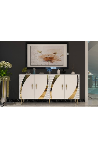 Handle Konsol Tv Sehpası Çok Amaçlı Dolap 150 Cm Beyaz Altın