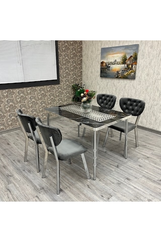 Mutfak Masa Sandalye Takımı Akuamarin 80-120 Ck 4 Kişilik Mutfak Masası Takımı Gümüş Siyah Mermer Gri