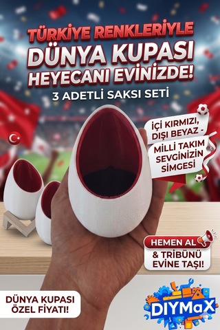Dünya Kupası Milli Takım Özel Koleksiyon 3'lü Saksı Seti Kırmızı Beyaz Yumurta Tasarım