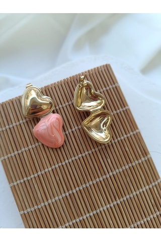 Çelik İkili Kalpli Pembe Küpe Altın - Pembe