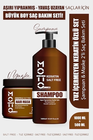 Motto Plus Professional Yavaş Uzayan - Aşırı Yıpranmış Saçlar İçin Tuzsuz Keratinli 2'li Saç Bakım Seti Şampuan - Maske