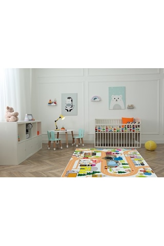 Kaymaz Tabanlı Ince Yıkanabilir Çocuk Halısı Trafik Zoo