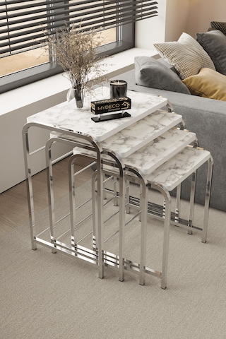 Defne 4' Lü Zigon Sehpa Gümüş Ayak Beyaz Mermer Desen 18 Mm Mdf Gümüş - Beyaz Mermer