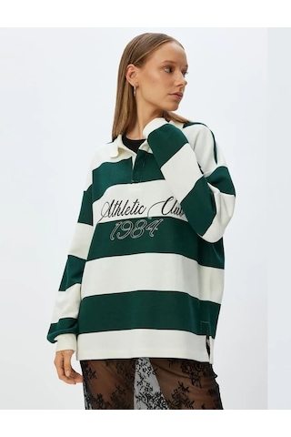Koton Polo Yaka Sweatshirt Oversize Kolej Baskılı Renk Bloklu Şardonlu Yeşil Çizgili 5wal10214ık Yeşil