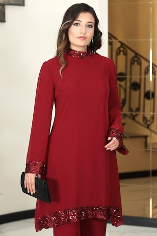 Umay Şifon Tunik Pantolon İkili Tesettür Takım Bordo Bordo