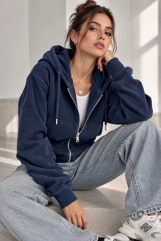 Bb Butik Basic Selanik Dokulu Fermuarlı Kapüşonlu Kadın Sweatshirt My3535 Lacivert