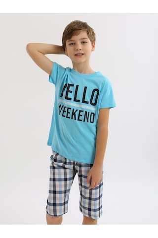 Vitmo Erkek Çocuk Kısa Kollu Kapri %100 Pamuklu Pijama Takımı Hello Weekend Turkuaz