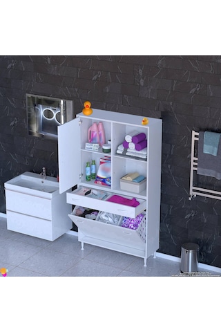 Modilayn Afra 90x173x32,5cm 1 Çekmece, 3 Göz Sepet, 1 Kapak, 4 Raf Dar Alan Banyo Dolabı Beyaz
