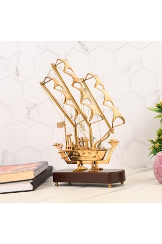 Pirinç Yelkenli Gemi Ahşap Kaideli Ev Ofis Dekorasyon 33cm