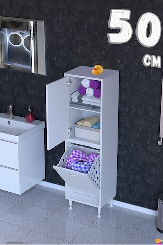 Deniz Kirli Sepetli Ve Kapaklı Raflı, Çok Amaçlı Banyo Dolabı - 50 X 138 X 32,5 Cm 50 Cm