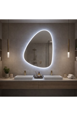 55x77 Cm Modern Asimetrik Led Banyo Aynası Dokunmatik Sensörlü, Dimmerli, 6500k Beyaz Işık Beyaz