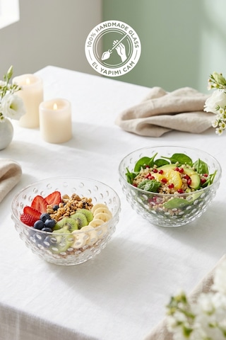 Selen Concept Küme Model Küçük Boy El Yapımı Cam Çorba Kasesi ve Salata Sunumluk 2'li Set