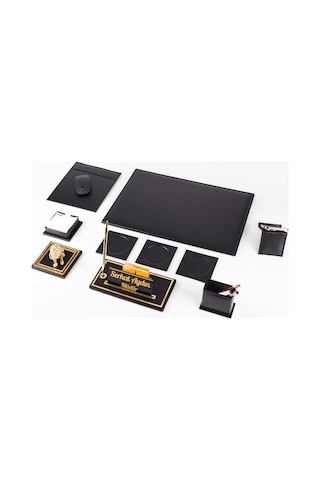 Opta 10 Parça Aslan Biblolu Siyah Deri Sümen Seti Takımı Gold Kalem Ofis Masa İsimliği Lüks İsimlik