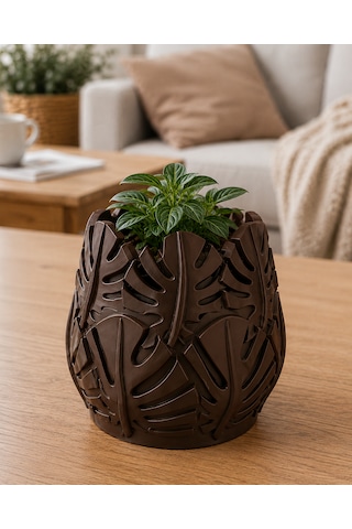 Monstera Yaprak Tasarımlı Vazo Kahverengi
