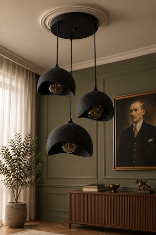 Beton Görünümlü 3'lü Sarkıt Avize Bohem Modern İskandinav Salon Yemek Masası Rustik Led Ampul Hediyeli Siyah