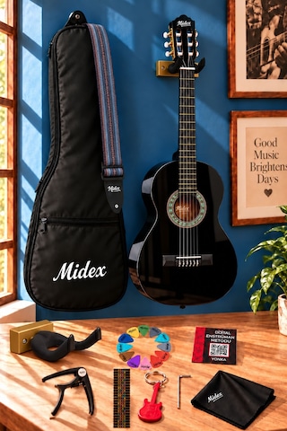 Midex Cg-270bk Siyah Klasik Gitar 4/4 Yetişkin Boy Sap Ayarlı Full Set
