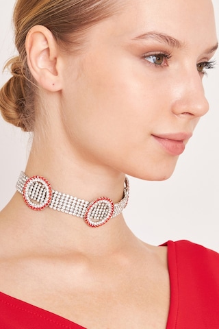 Kadın Opalo Model Kırmızı Beyaz Zirkon Taşlı Gümüş Choker Kolye Gri