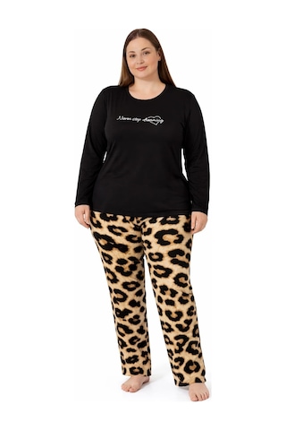 Pemilo Kadın 7254 Uzun Kol Likralı Büyük Beden Pijama Takımı Siyah