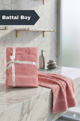 2 Li Battal Boy Banyo Havlu Seti - 100% Pamuk 90x170 Cm + 50x90 Cm Ekstra Yumuşak Emici Havlu Somon