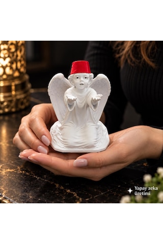Melek Biblo Kanatlı Melek Figürü Beyaz Kırmızı Fes Dekoratif Masa Süsü 10x9 Cm