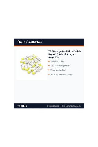 Trobus T5 Gösterge Ledi Ultra Parlak Beyaz 20 Adetlik Araç İçi Ampul Seti