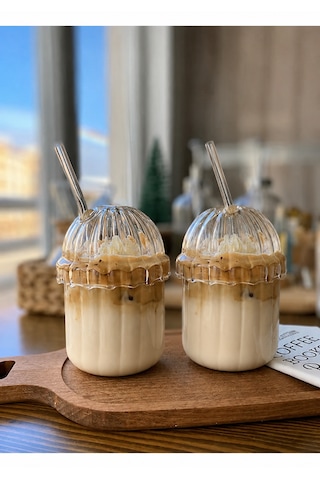 Devigo 2 Adet Kapaklı Pipetli Pinterest Bardak Soğuk Kahve Ve Sunum Bardağı 430 ML