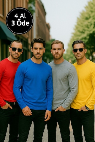 Rich Erkek Sarı-mavi-kırmızı-gri Melanj 4'lü Paket Basic Uzun Kollu Tişört Body T-shirt Çok Renkli