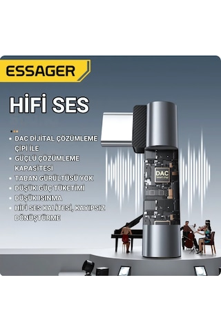 Essager L Tip Type-c To 3.5mm Ses Ve Kulaklık Çıkışı, Hifi Ses Destekli, Telefon, Tablet, Pc Uyumlu Gri