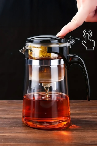 Sihirli Borosilikat Cam Demlik 900 Ml Isıya Dayanıklı & Tek Tuşla Demleme Şeffaf