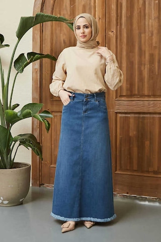 Neways 2252-Denim Püsküllü Etek Koyu Mavi
