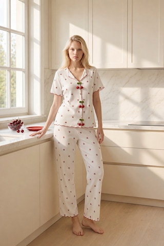 Burcumay Kadın Kiraz Düğmeli Desenli Pijama Takımı Beyaz Yazlık Kısa K...