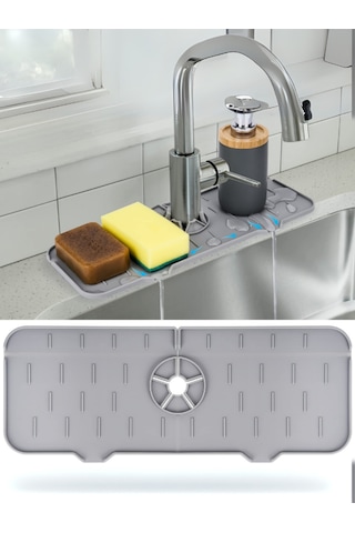 Mucit Home Silikon Musluk Matı Su Geçirmez Lavabo Kenar Damlatmaz Altlık Düzenleyici Mat Gri