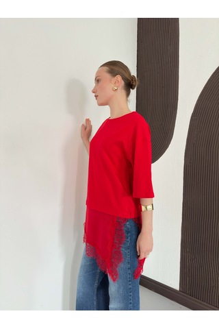 Verymoda Dantel Ve Saten Detaylı Asimetrik Tişört D2942 Kirmizi