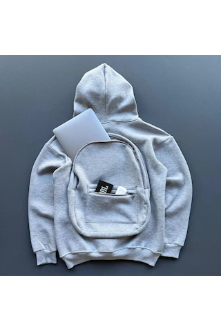 Tarzyeri Erkek 3 İplik Şardonlu Tam Fermuarlı Kapüşonlu Arka Çanta Detaylı Sweatshirt - Gri
