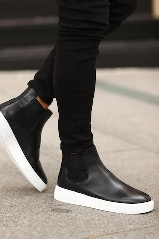 Shoetyle - Siyah Hakiki Deri Erkek Chelsea Bot - Beyaz Taban - 250-041 -1164 Siyah