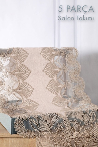 Avangart Kadife Fransız Güpürlü 5 Parça Salon Takımı - Vizon