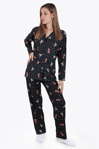 Lukitus Desenli Süet Kadın Büyük Beden Battal Pijama Takımı Byrz-ayck Yeşil