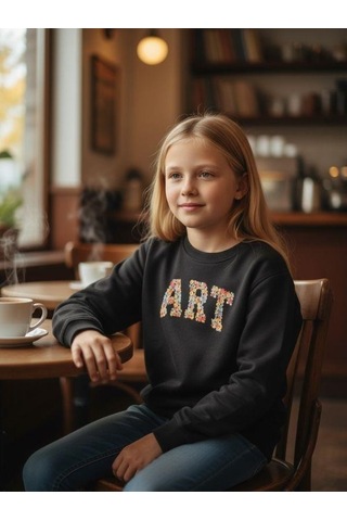 Kız Çocuk Art Yazılı Sweatshirt-16395 Siyah