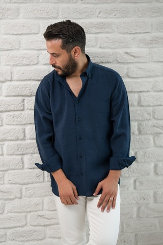 Regular Fit Yaka Düğmeli Yazlık Modal Kumaş Erkek Gömlek Lacivert
