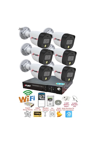 Fury 6 Kameralı Gece Renkli 1080p 2mp Görüntü Full Hd Ultra Led Gece Renkli Güvenlik Kamerası Seti 500gb